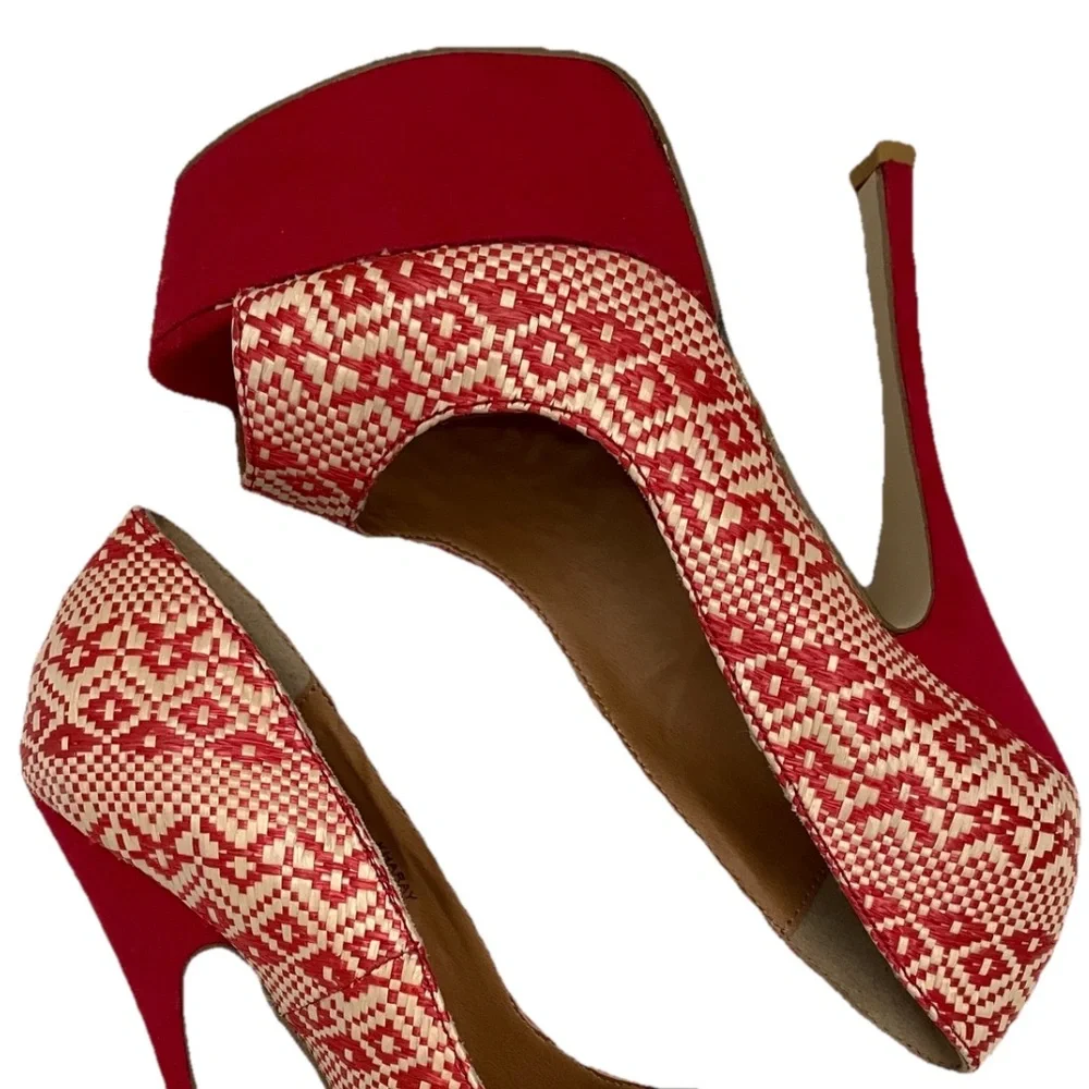Shoe Dazzle Red and Cream Woven Platform Pumps with High Stiletto